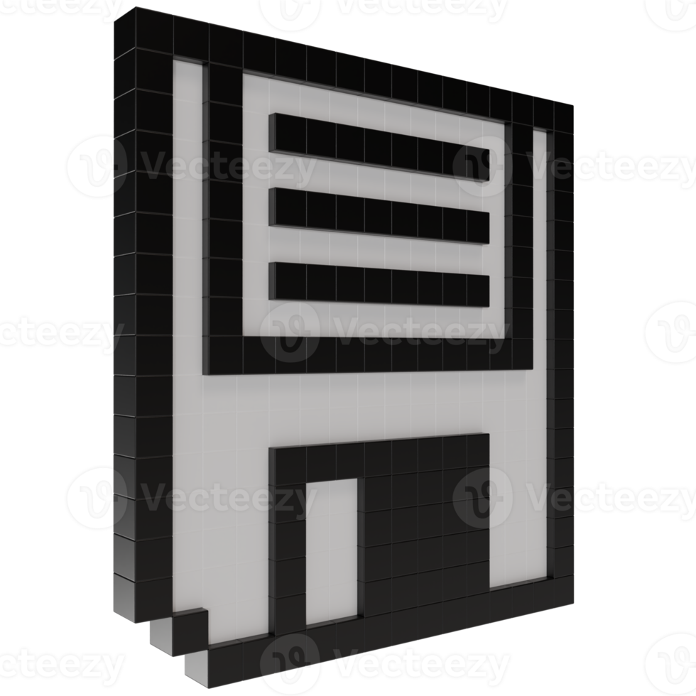 3D render of a retro floppy disk icon in pixel style, black and white block design, viewed from different angles, symbolizing save, data storage png