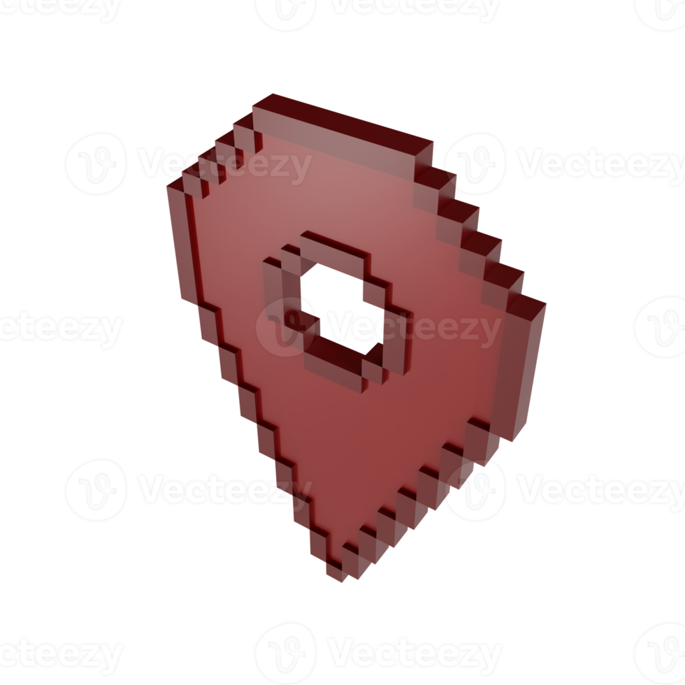3D render red pixelated map location pin icon, symbolizing GPS, navigation, and geolocation. Modern digital design for apps, maps, online services png
