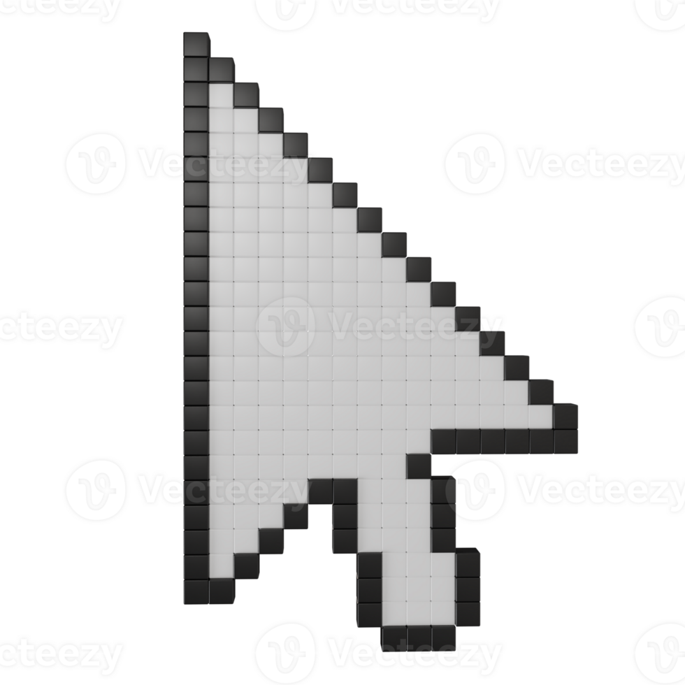 3D render pixelated computer mouse cursor arrow icon. Digital pointer symbol for technology, internet navigation, web design png