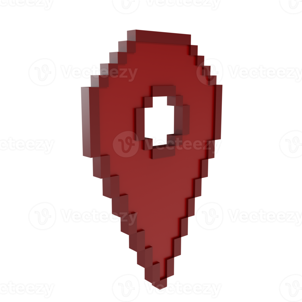 3D render red pixelated map location pin icon, symbolizing GPS, navigation, and geolocation. Modern digital design for apps, maps, online services, and technology png
