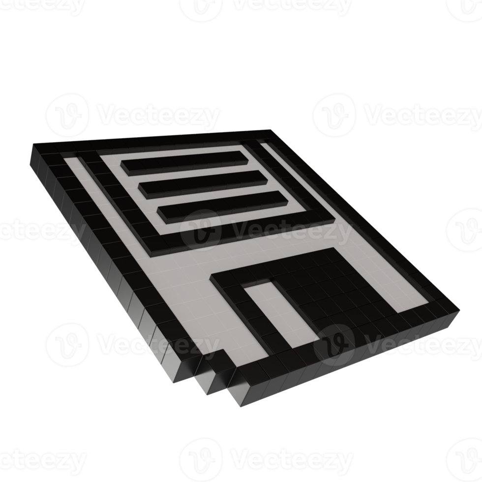3D render of a retro floppy disk icon in pixel style, black and white block design, viewed from different angles, symbolizing save png