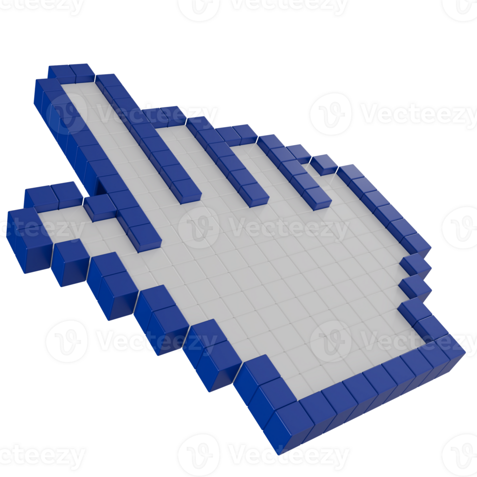 3D pixelated hand cursor icon made of blue cubes. Digital pointer symbol in block style, representing navigation, internet png