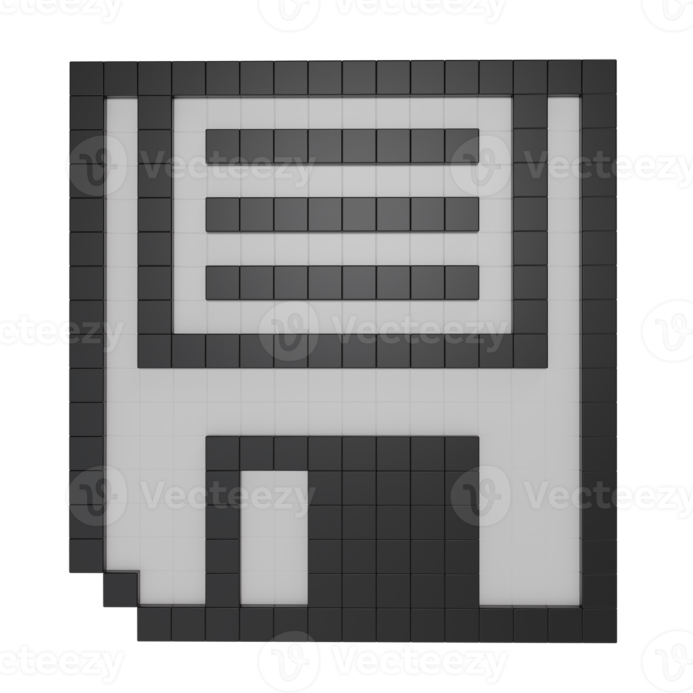 3D render of a retro floppy disk icon in pixel style, black and white block design, viewed from different angles, symbolizing save, data storage, and digital nostalgia png