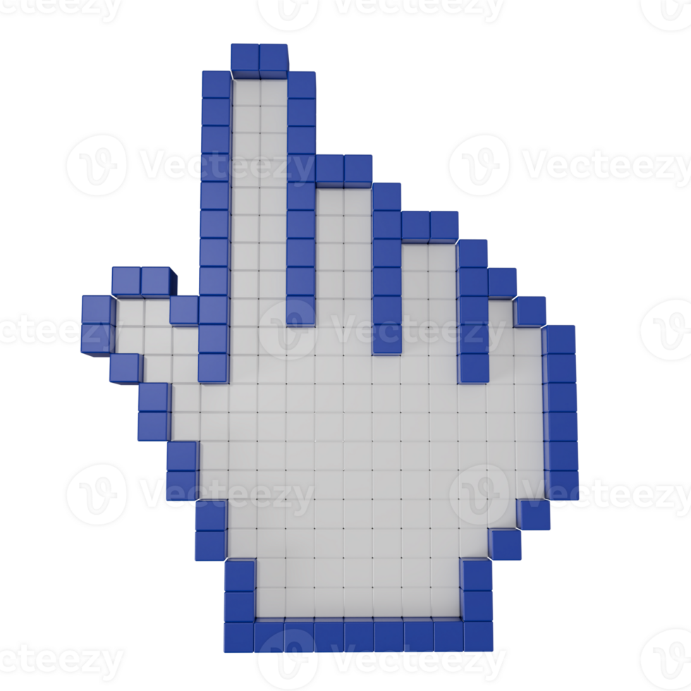 3D pixelated hand cursor icon made of blue cubes. Digital pointer symbol in block style, representing navigation, internet, and computer interface. png