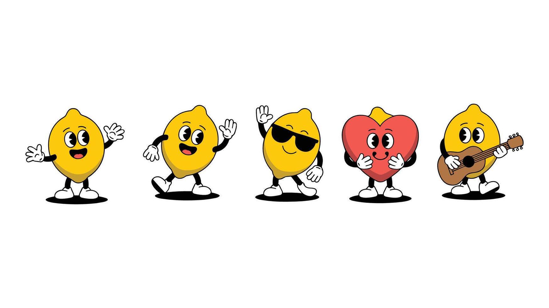 Five cartoon yellow lemon characters and a heart character in retro style with different poses and accessories on a white background vector