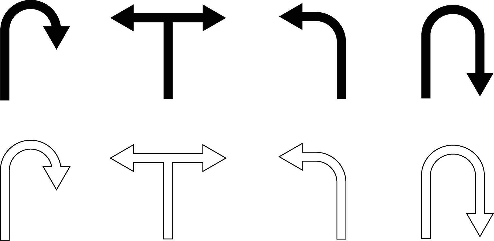 Road traffic direction arrows set u turn, left, right, two way and three way transportation arrow symbols isolated. vector