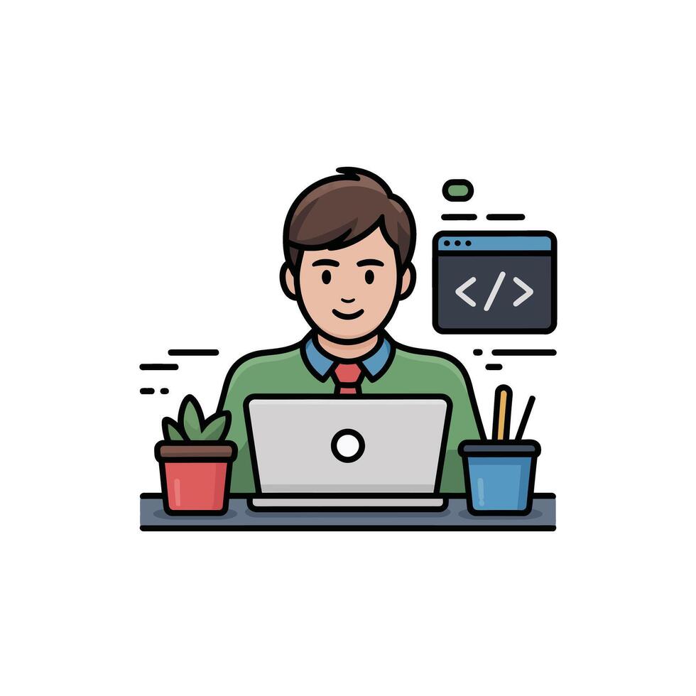 Cartoon Man Coding on Laptop with HTML Code Snippet and Plants illustration vector