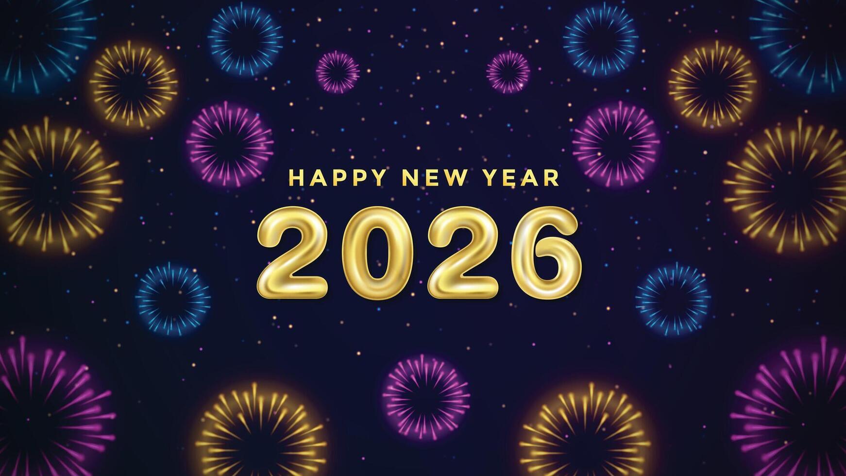Happy New Year Firework and Realistic 2026 number balloon with Brightly Colorful Fireworks on Dark Blue Background with sparkling light vector