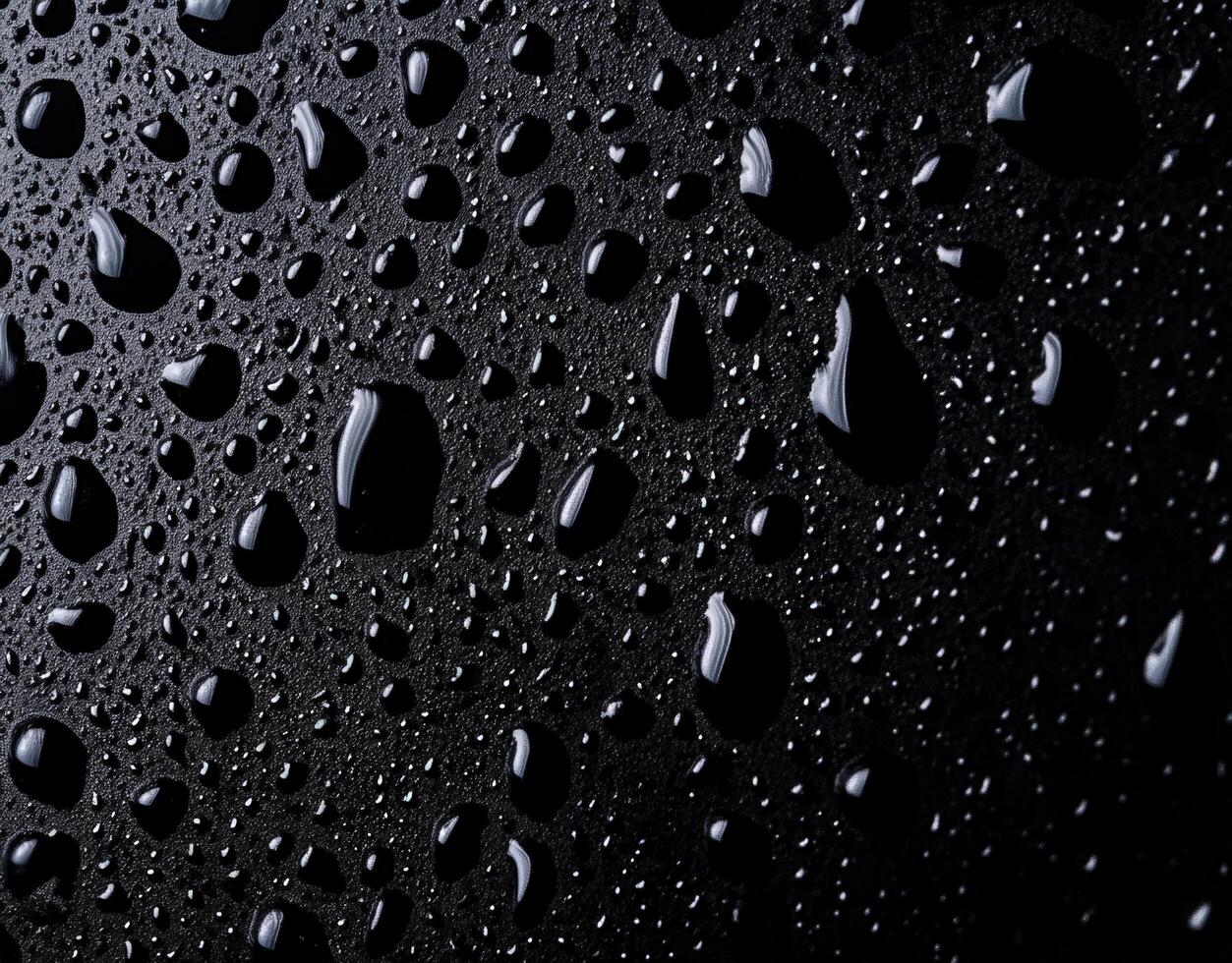 Intricate pattern of water drops on a dark, textured material, creating a visually striking and abstract composition photo