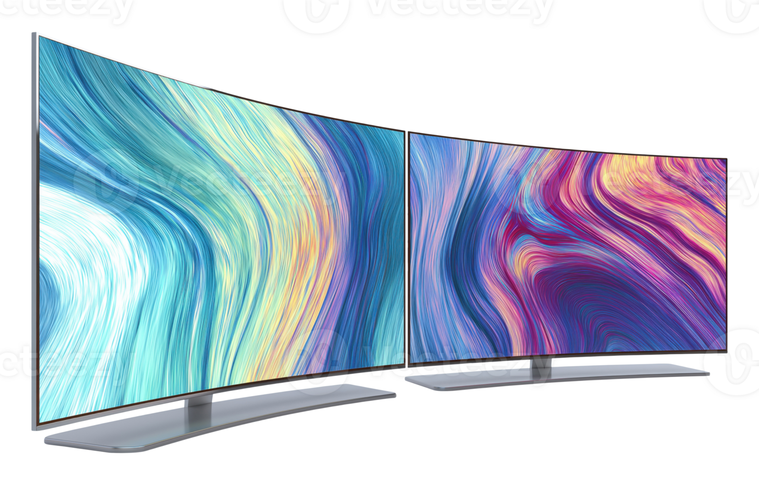 Two modern curved computer monitors displaying vibrant abstract wave patterns, isolated on transparent background png