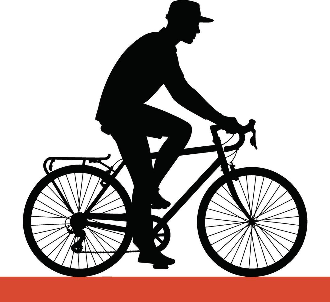 Man in hat riding bicycle with rack in distinctive silhouette style vector