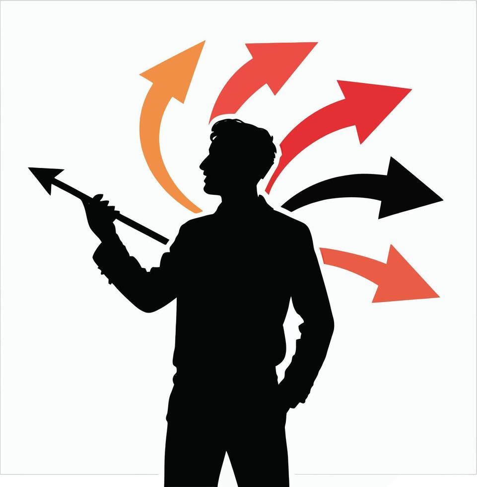 Man in silhouette points arrow amidst multiple directional arrows silhouette vector