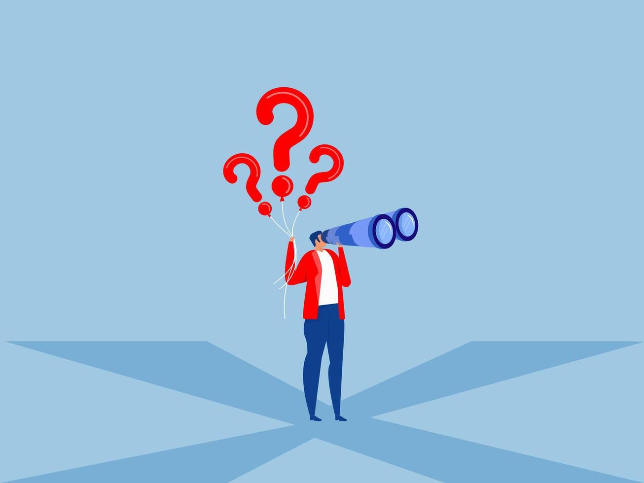 Businessman holding telescope with question marks balloon look for solutions.Search answer, question mark balloon finding solution or search for answer, solving problem or curiosity, vector