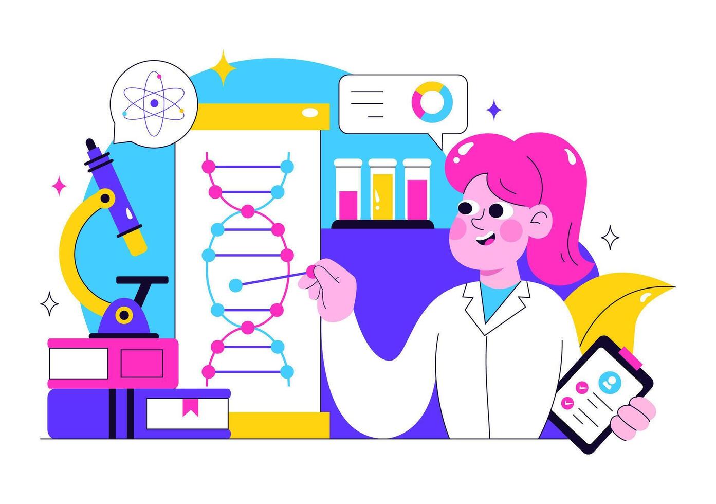 Biotechnology Illustration with DNA Molecule Analysis, Research Experiment, and Science Laboratory in Flat Background vector