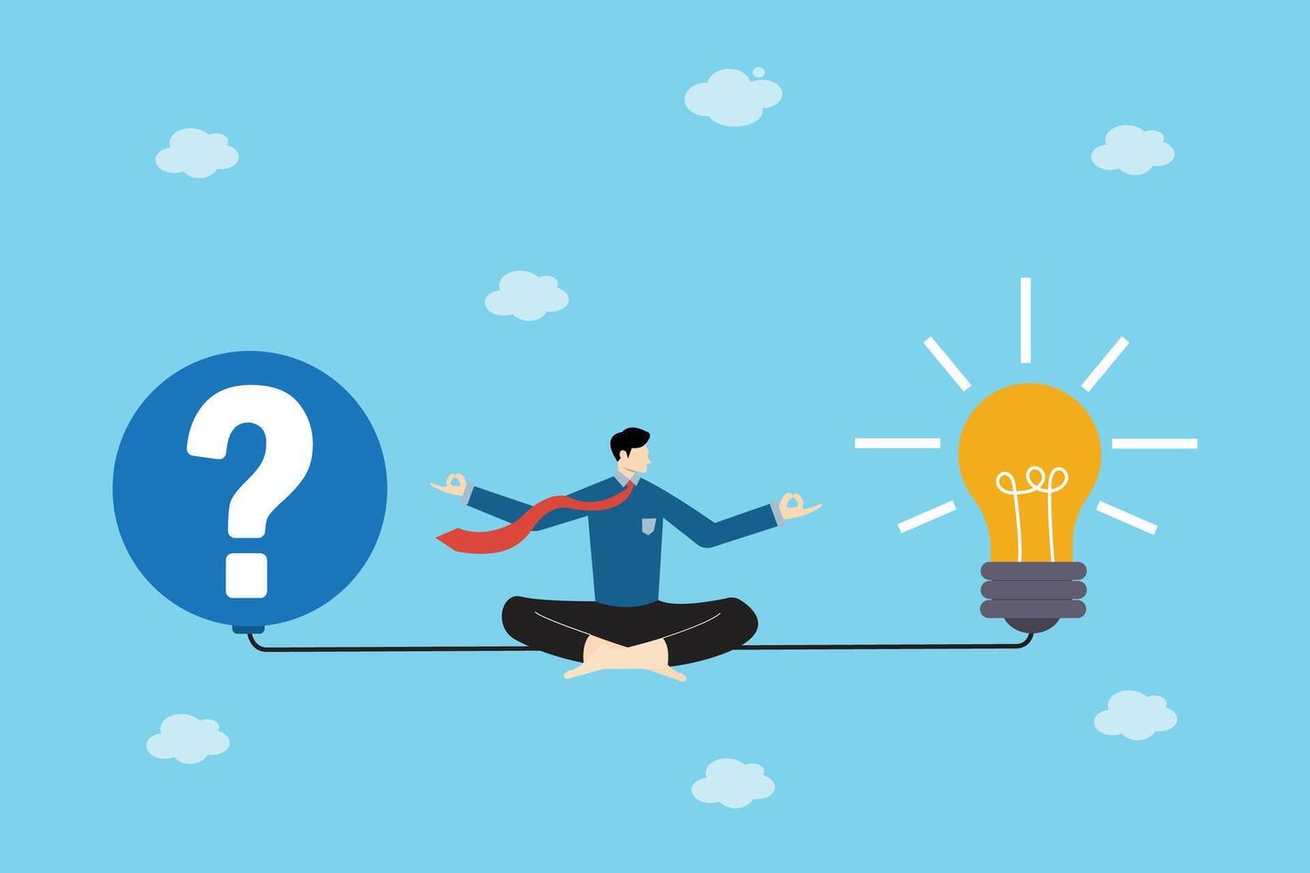 Businessman Meditating Between Question and Light Bulb Problem Solving, Innovation, and Creative Thinking Concept vector