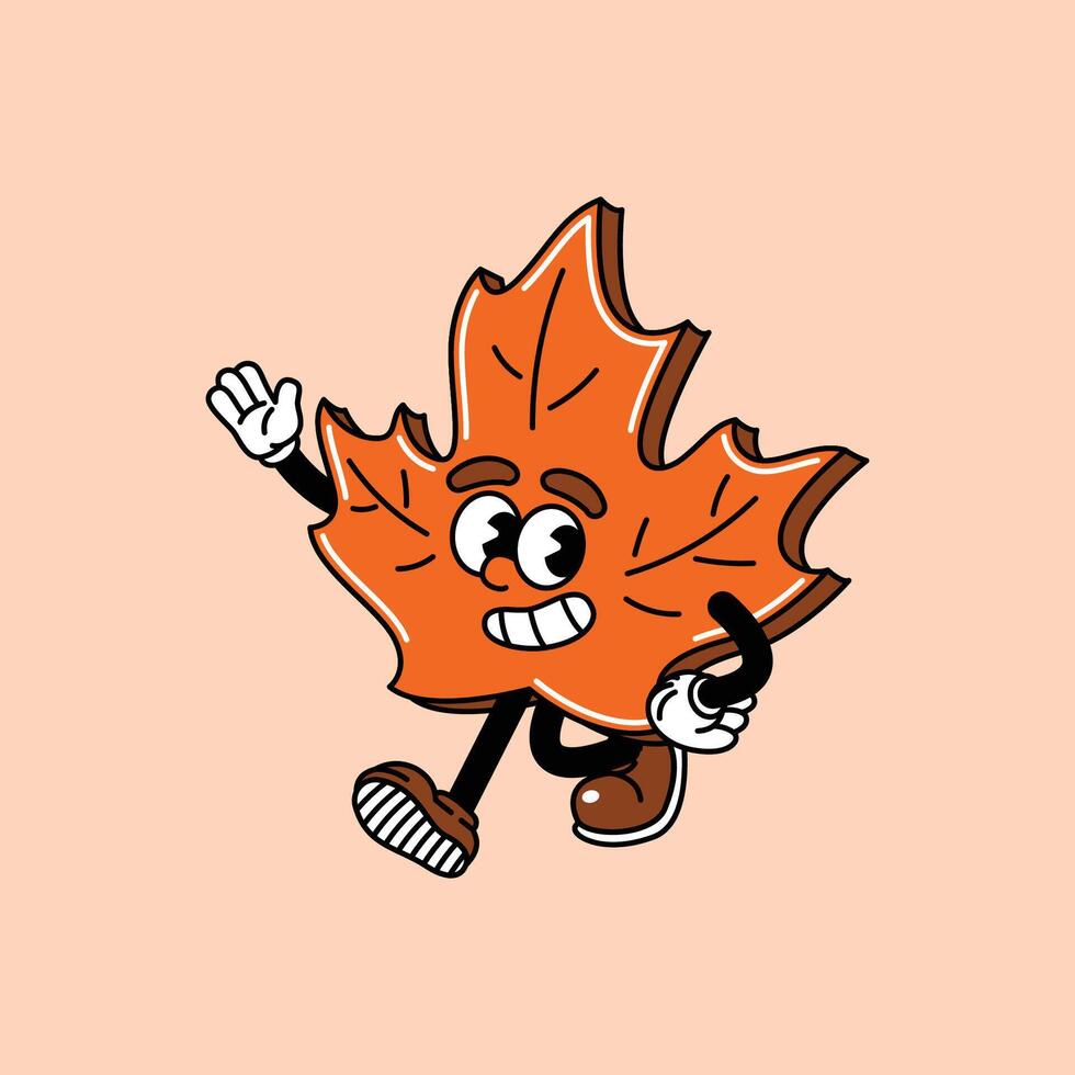 A cheerful, retro-style cartoon maple leaf character with expressive eyes, a wide smile, and arms and legs, waving hello and walking with a friendly demeanor. Maple leaf retro vintage mascot. vector