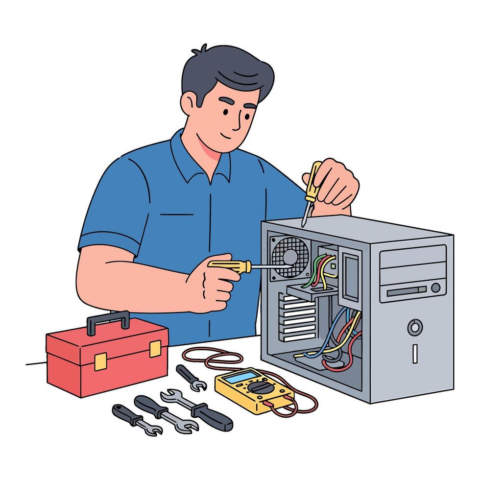 Skilled IT Technician Performing Comprehensive Desktop Computer Repair and Maintenance, Troubleshooting Hardware Components in a Professional Setting vector