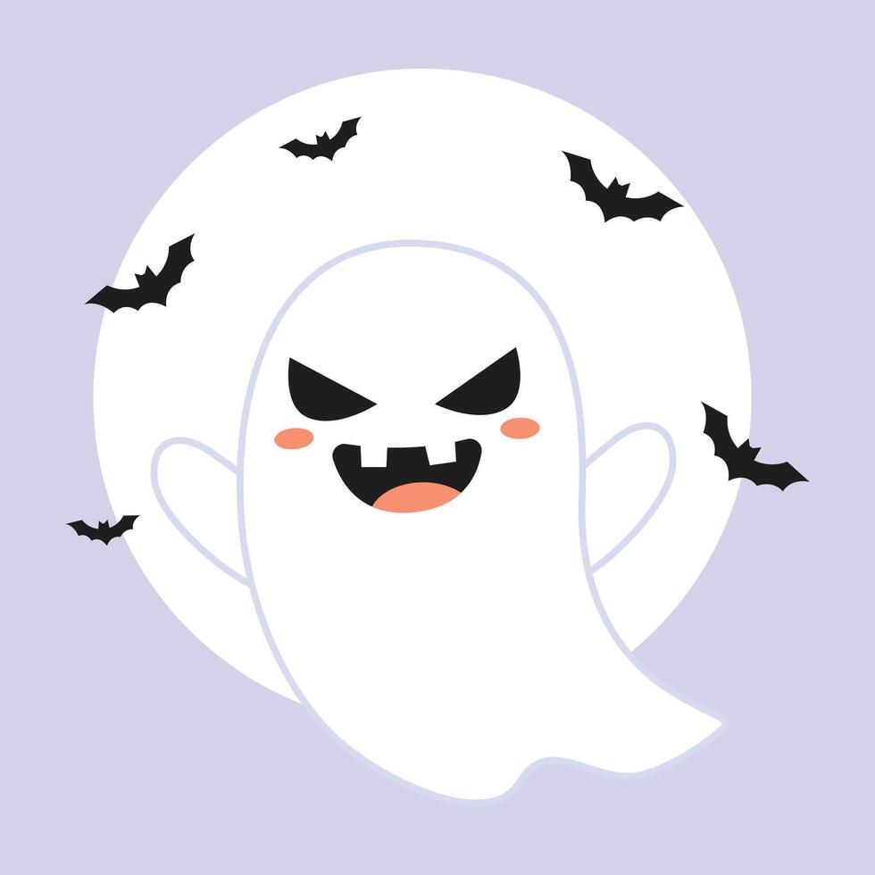 Cute ghost cartoon character posing scary floating in front of full moon vector