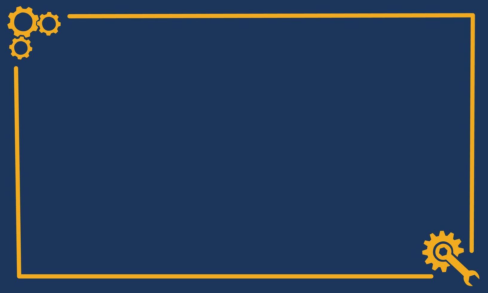 Dark blue rectangle frame with golden gear decoration and empty space in minimal industrial style creating modern abstract template background for banner or technology design vector