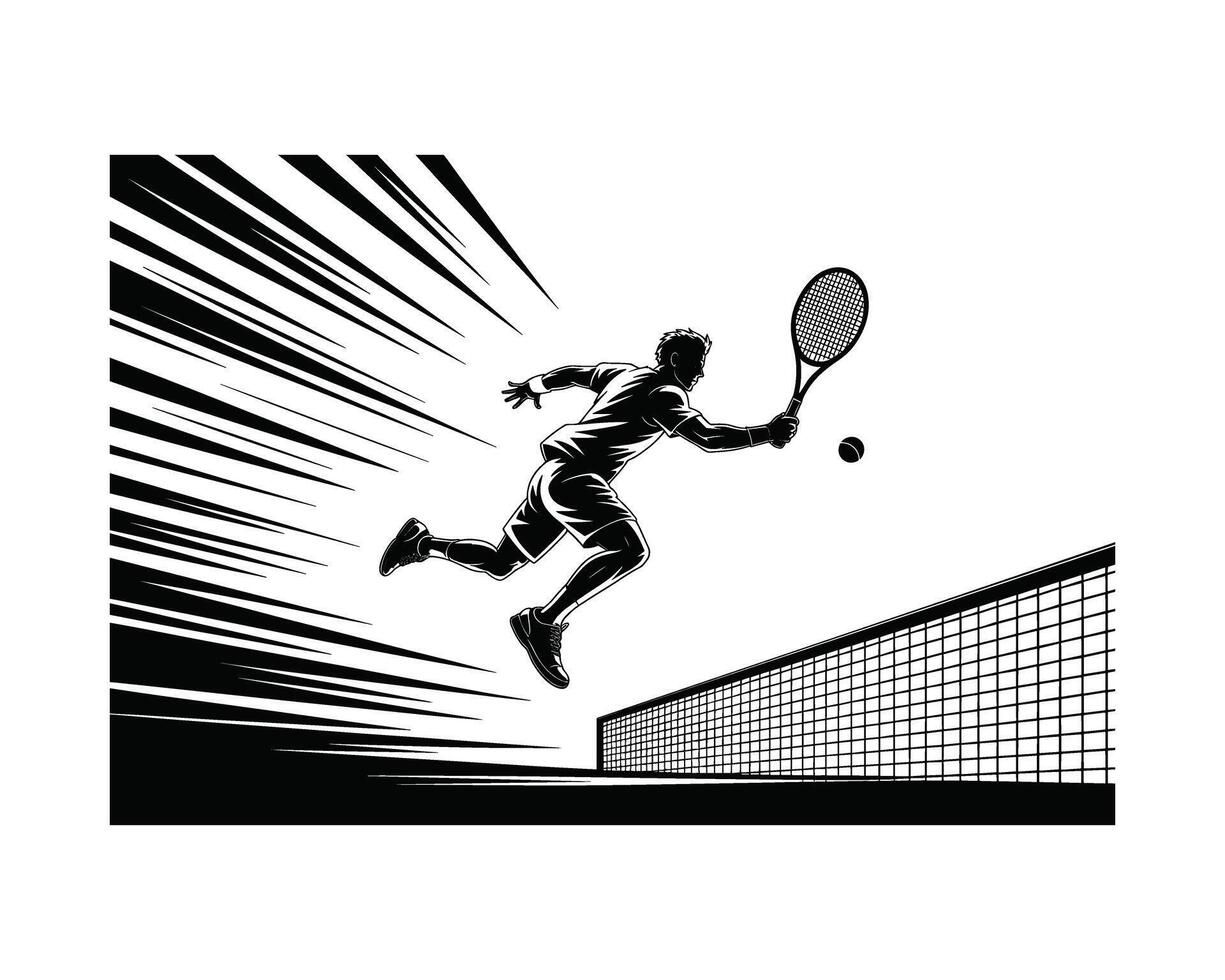 Dynamic black and white illustration of a tennis player in mid air executing a powerful serve vector