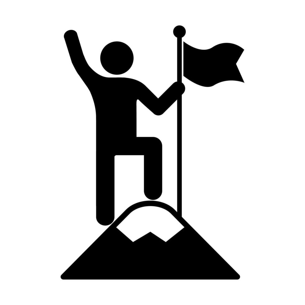 Man with flag stendind on the top of mountain icon success and victory concept for graphic design, logo, web site, social media, mobile app, ui illustration vector