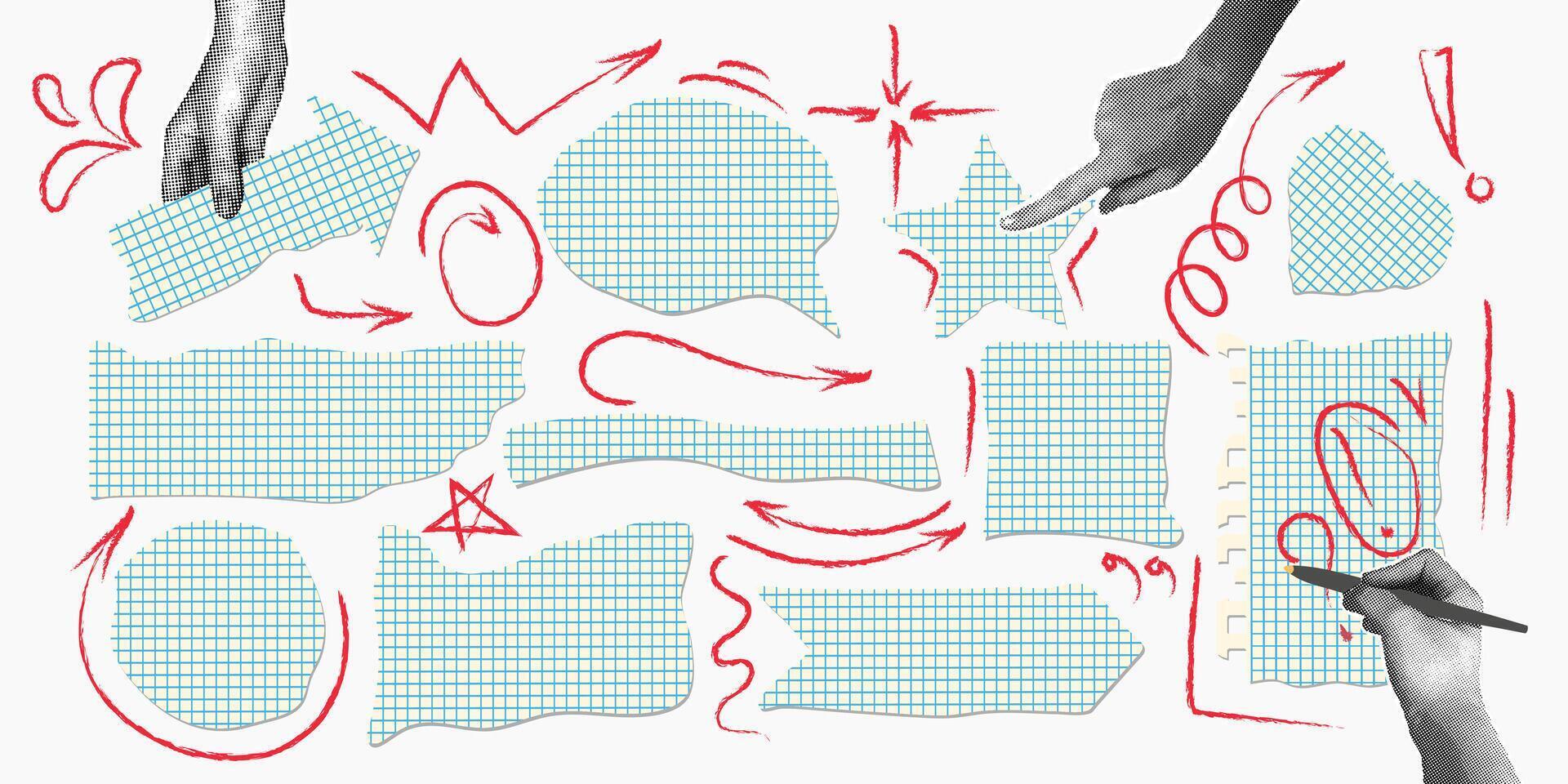 Trendy halftone collage. Hand-drawn elements for notes and information. Torn sheets of blue checkered notebook paper with a vintage texture and hand-drawn arrows. vector