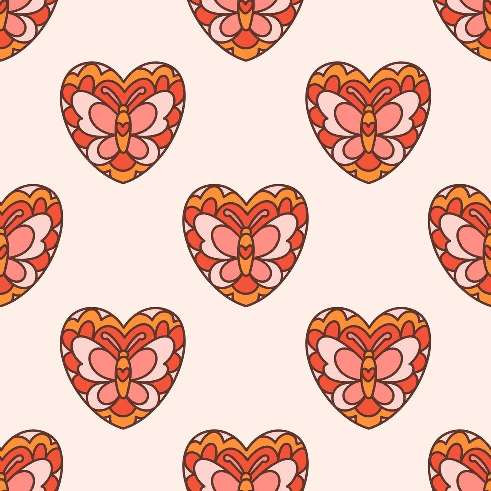 Retro seamless pattern of groovy heart with butterfly. Colorful illustration in vintage style. Hippie 60s, 70s textile design vector