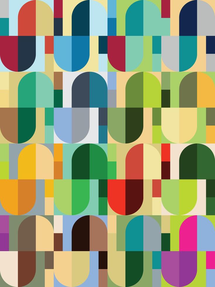 Retro geometric pattern featuring overlapping semi circles and rectangles in a variety of muted and vibrant colors. Abstract mid century modern design with a playful and colorful composition. vector