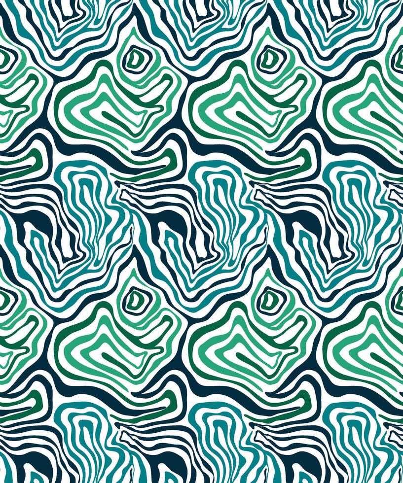 Abstract wavy lines repeating pattern, featuring fluid in shades of green, turquoise, and navy on a white background. vector