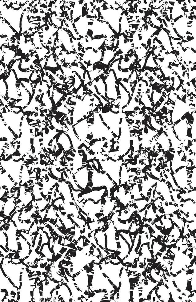 Abstract repeating monochrome pattern featuring chaotic black shapes and lines overlapping on a white background, creating a texture design. vector
