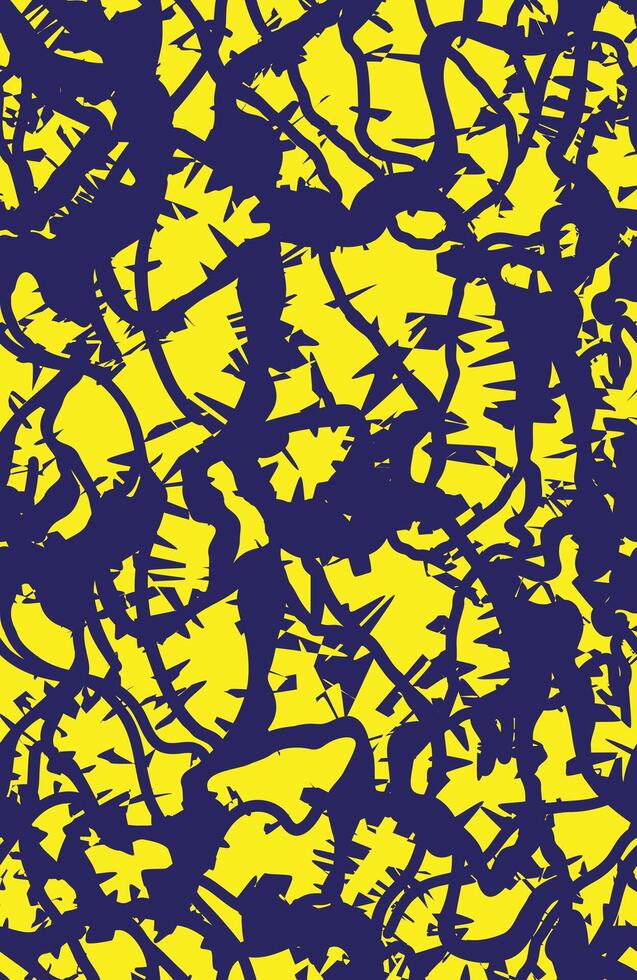 Abstract pattern featuring dark blue jagged lines and shapes against a bright yellow background, creating a dynamic and energetic design, repeating print design vector