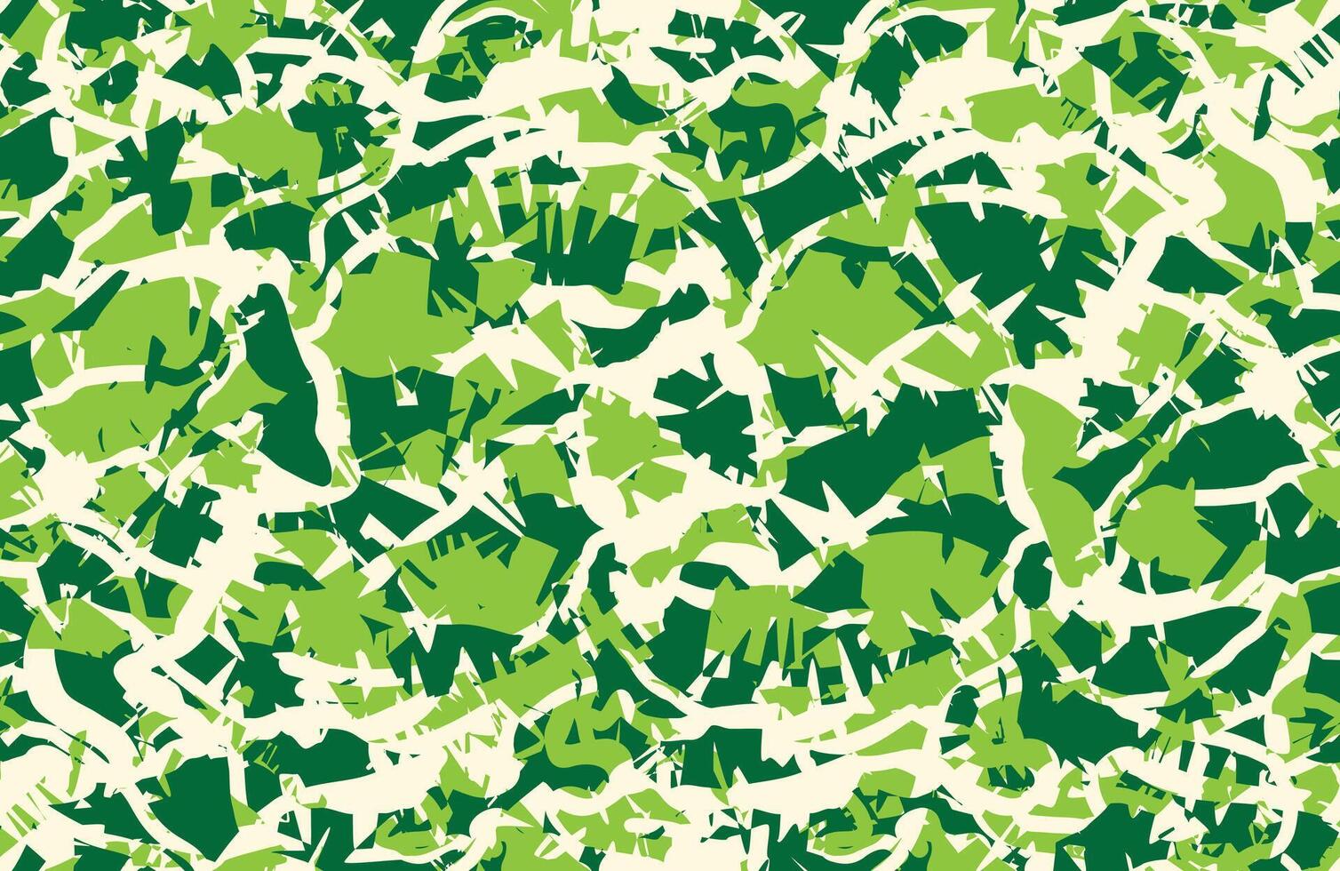Abstract camouflage repeating pattern in varying shades of green and cream, featuring jagged shapes and random angles for a dynamic texture. vector