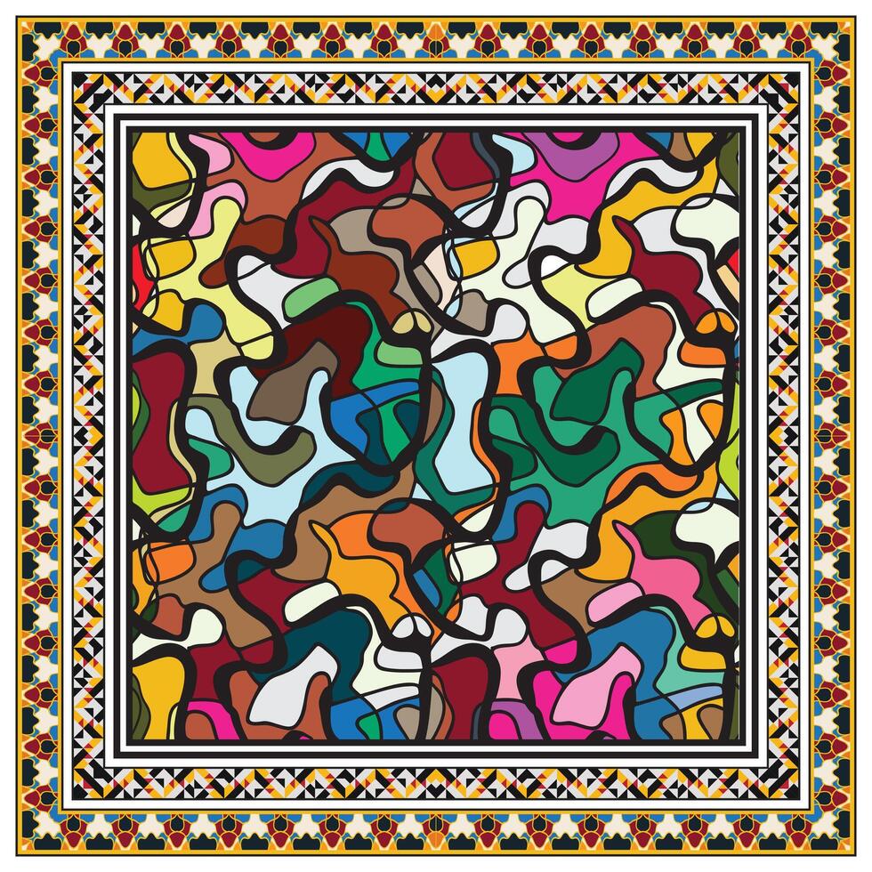 Colorful abstract pattern design scarf with geometric borders, creating a vibrant and modern fashion accessory. Perfect for adding a touch of artistic flair to any outfit. vector