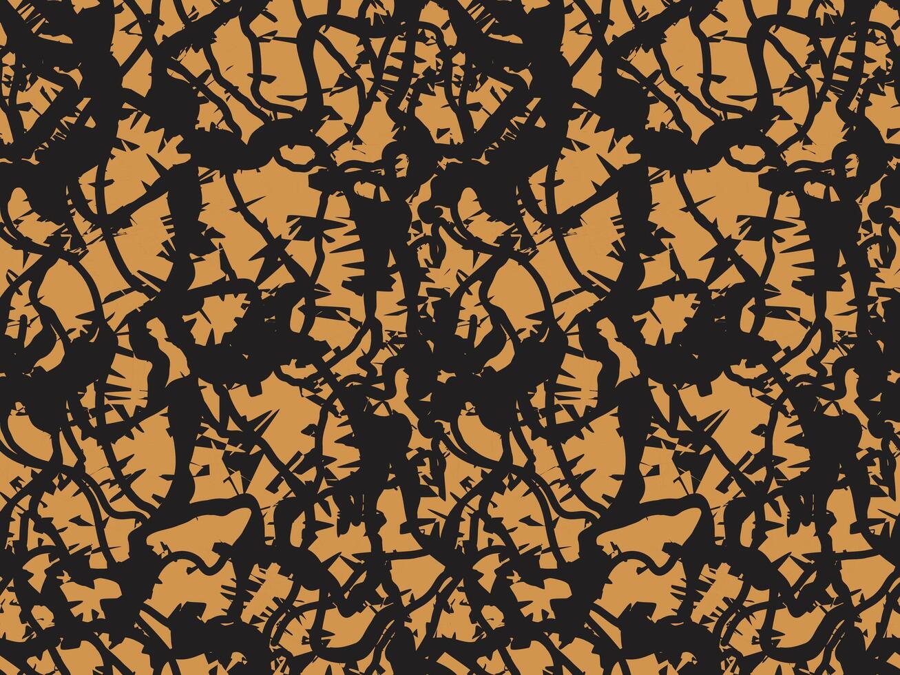 An abstract pattern featuring jagged black shapes intertwined on a warm orange background, creating a dynamic and chaotic design repeating print vector