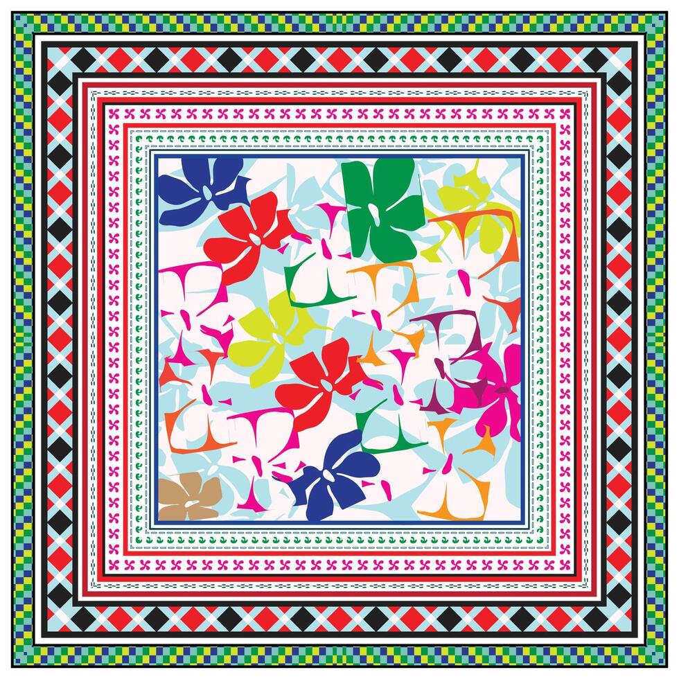A vibrant square scarf design featuring colorful floral motifs on a light background, bordered by intricate geometric patterns. vector