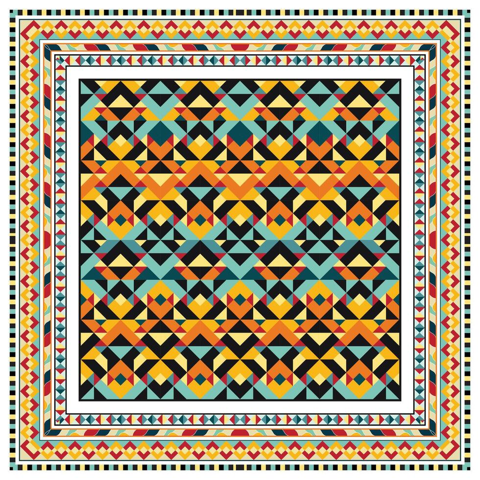 Colorful geometric scarf pattern design with a vibrant and intricate arrangement of triangles and diamonds, creating a modern Aztec inspired textile art. vector