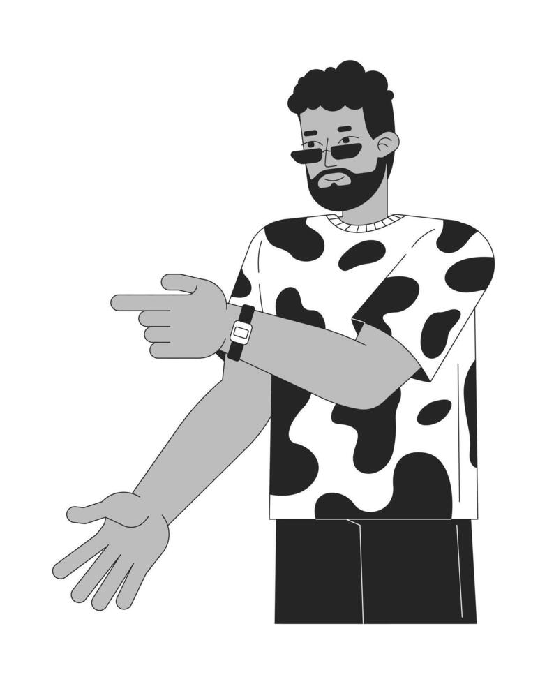 Casually dressed black man pointing to side with confident expression 2D line character. Cool guy with beard and sunglasses isolated ink outline person. Monochromatic spot illustration vector