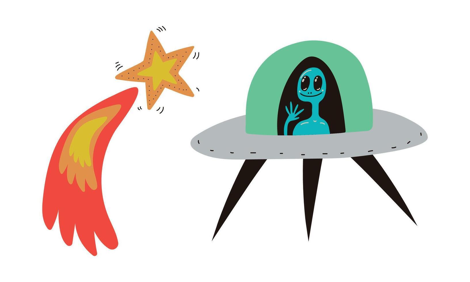Flying Comet and Unidentified Flying Object with Alien as Cosmos and Universe Exploration Set vector