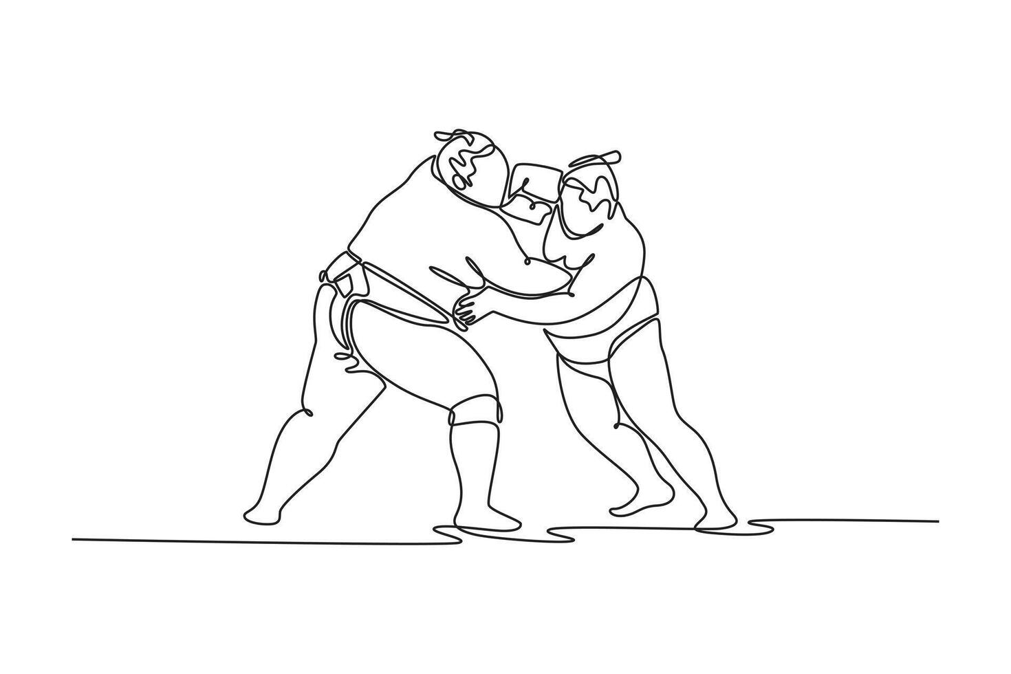 Continuous one line drawing two large Sumo wrestlers locked in fierce, pushing match, one delivering forceful open-hand strike to opponent's face. Single line draw design graphic illustration vector