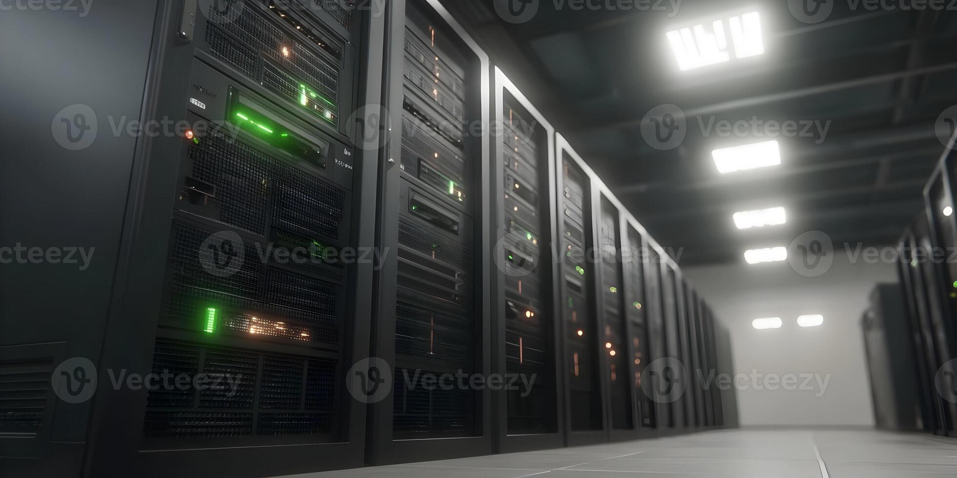 A long row of black server racks with glowing green and amber indicator lights in a modern data center photo
