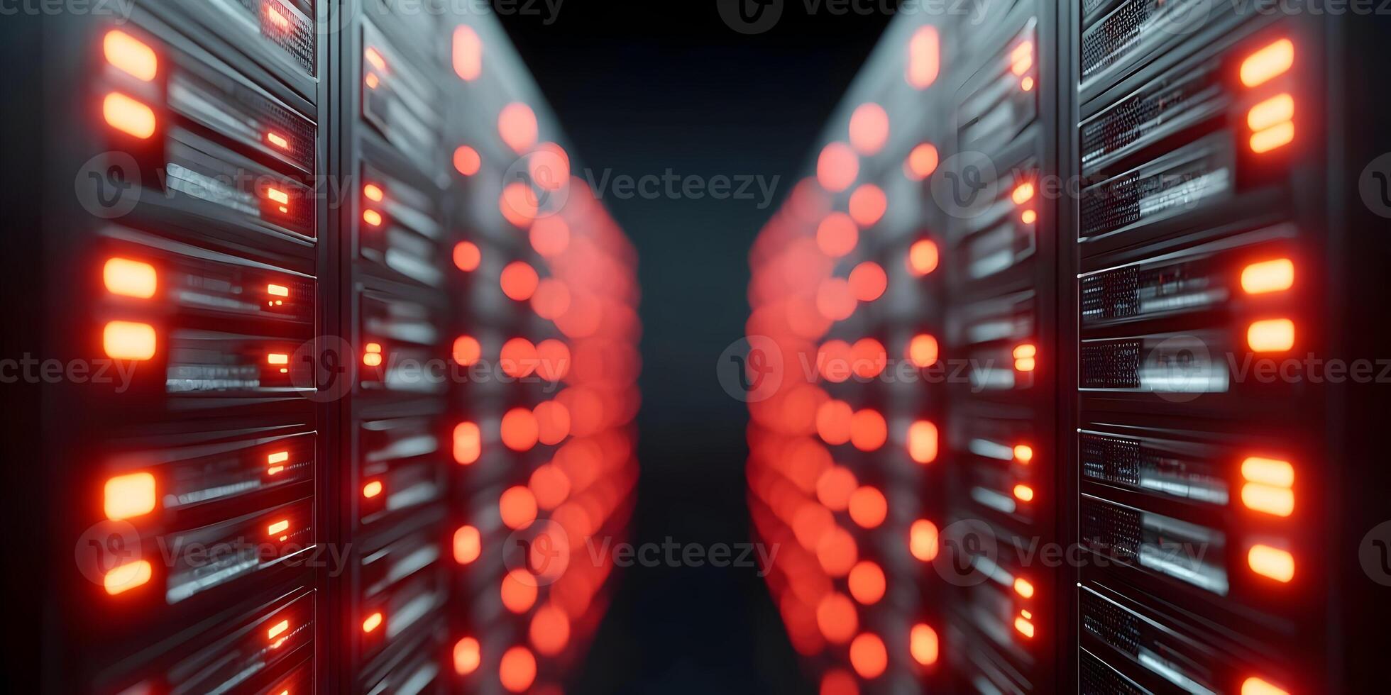 Rows of glowing red indicator lights illuminate multiple computer servers in a modern data center photo