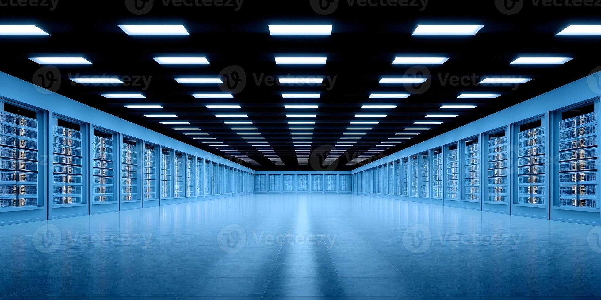 A long illuminated aisle runs through a vast blue data center filled with glowing server racks symbolizing modern digital technology and computing photo