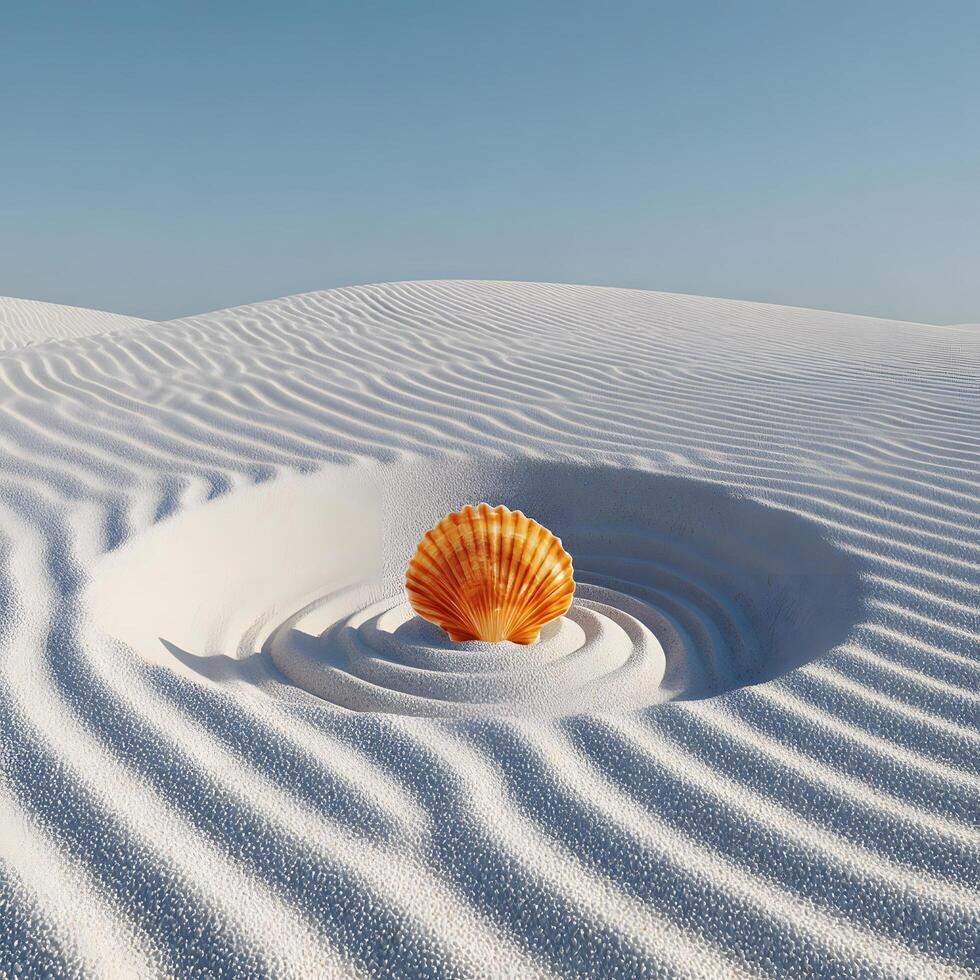 A serene zen garden, featuring a scallop shell nestled within a circular pattern of white sand, creating a tranquil and peaceful scene. photo
