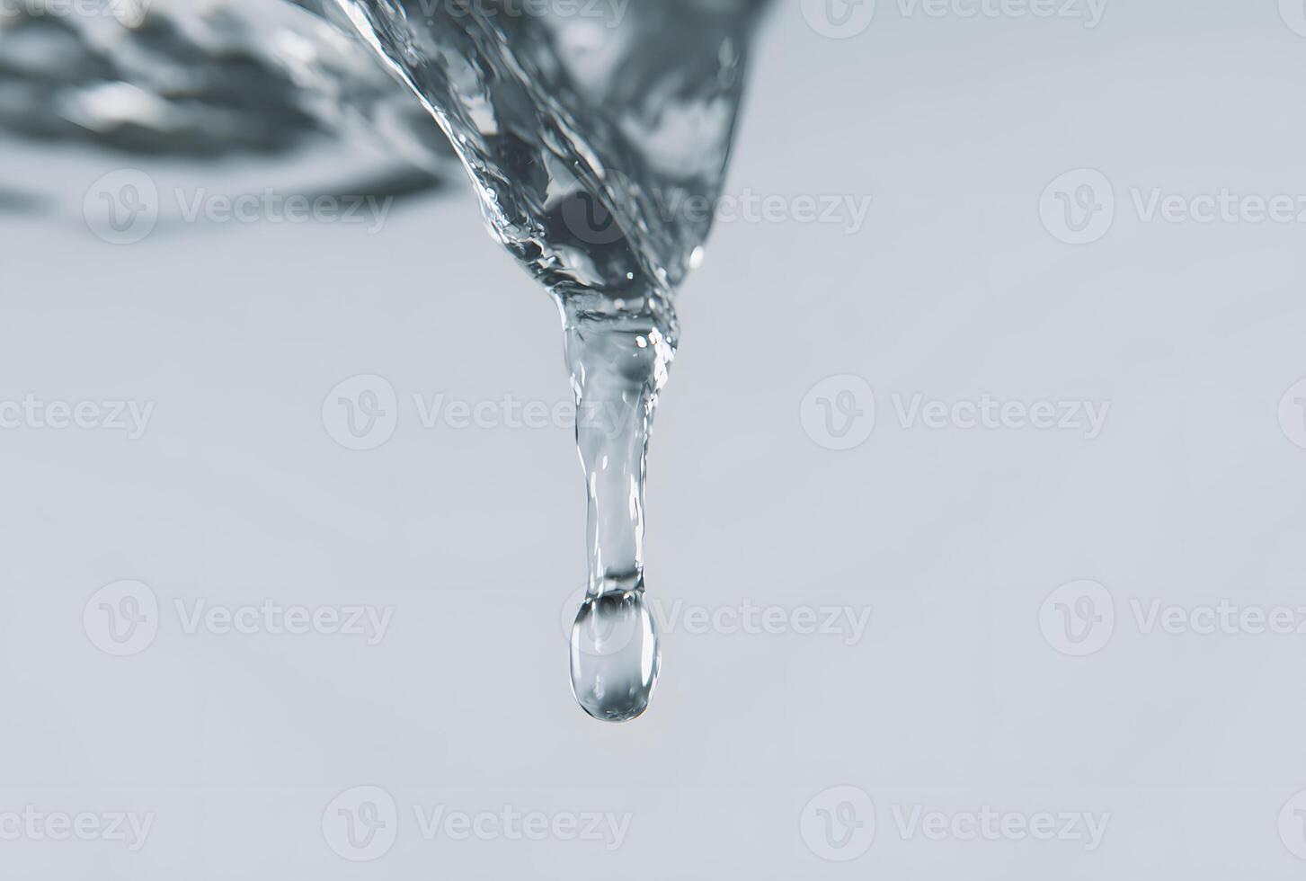 A close-up view of a single water droplet falling, showcasing the intricate details of its form and texture against a plain background. photo
