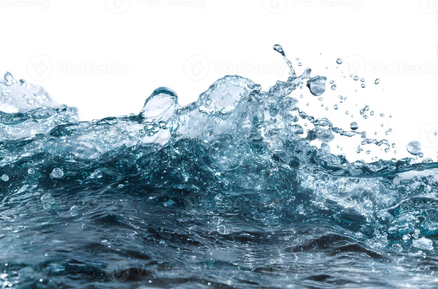 A dynamic display of water in motion, showcasing the intricate patterns of splashing and rippling, with shades of blue and transparent bubbles against a white background. photo