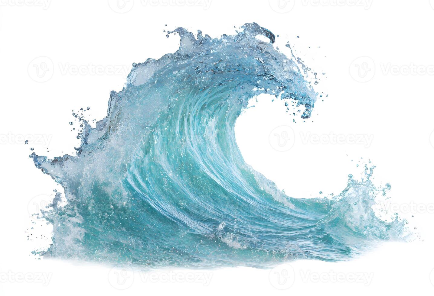 A powerful, teal-hued ocean wave curves gracefully, displaying intricate water patterns and dynamic splashes against a stark white background. photo