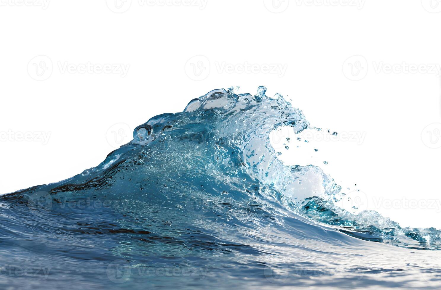 A dynamic, azure wave cresting and splashing, showcasing intricate water textures against a pure white background. photo