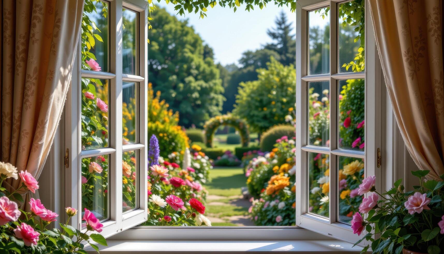 from the open window, flowers frame a scene of a lush garden beyond, where no humans or animals wander, and the air is filled only with the fragrance of blooms. photo