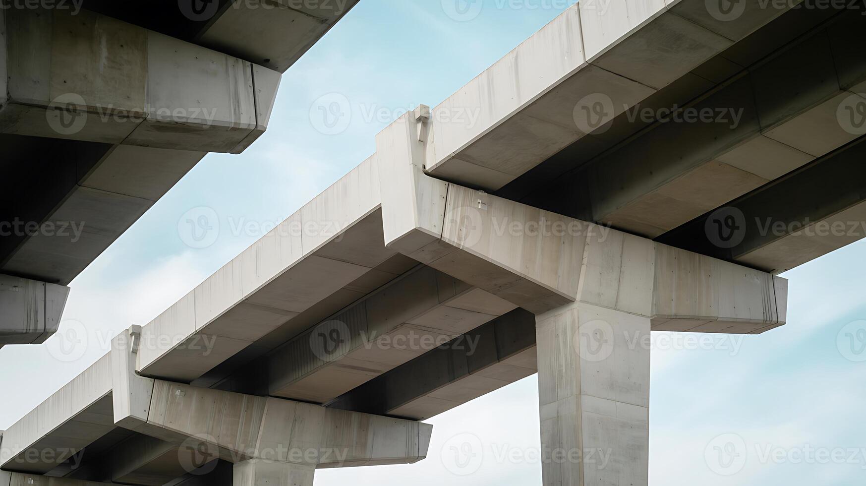 Abstract view of concrete overpass structures against a cloudy sky photo