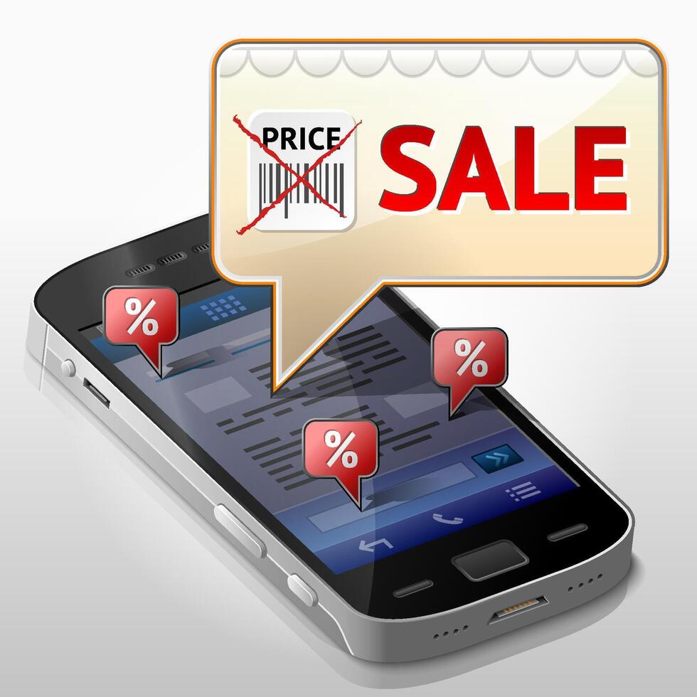 Smartphone with message bubble about sale. Dialog box pop up over screen of phone. Illustration about smartphone, sale, communication, discount, mobile technology, notification vector